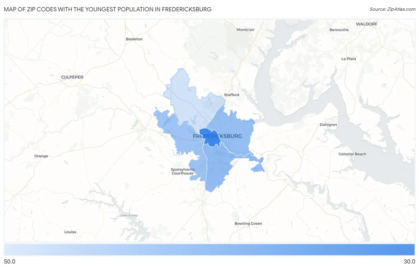 Zip Codes with the Youngest Population in Fredericksburg Map