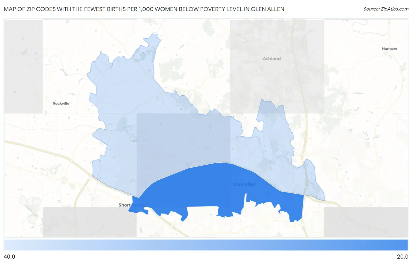 Zip Codes with the Fewest Births per 1,000 Women Below Poverty Level in Glen Allen Map