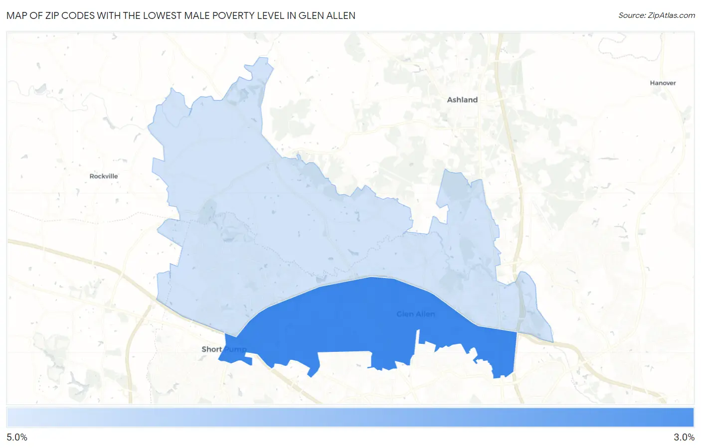 Zip Codes with the Lowest Male Poverty Level in Glen Allen Map