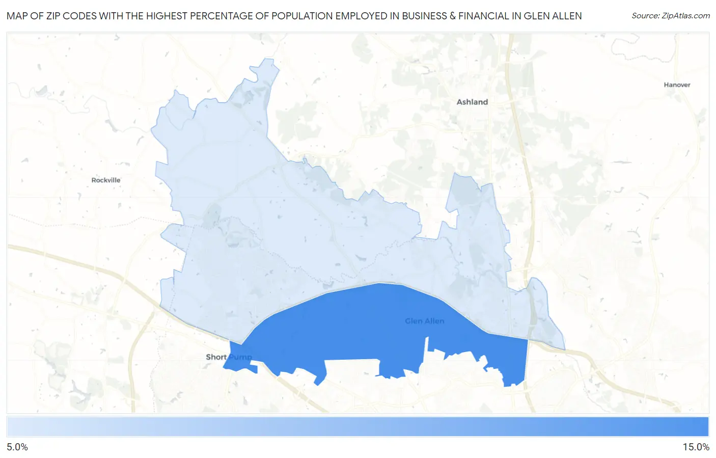 Zip Codes with the Highest Percentage of Population Employed in Business & Financial in Glen Allen Map