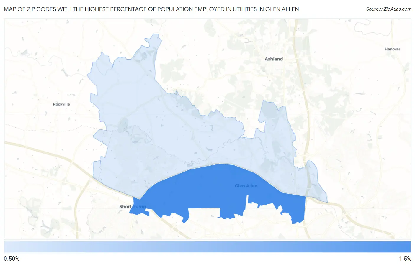 Zip Codes with the Highest Percentage of Population Employed in Utilities in Glen Allen Map