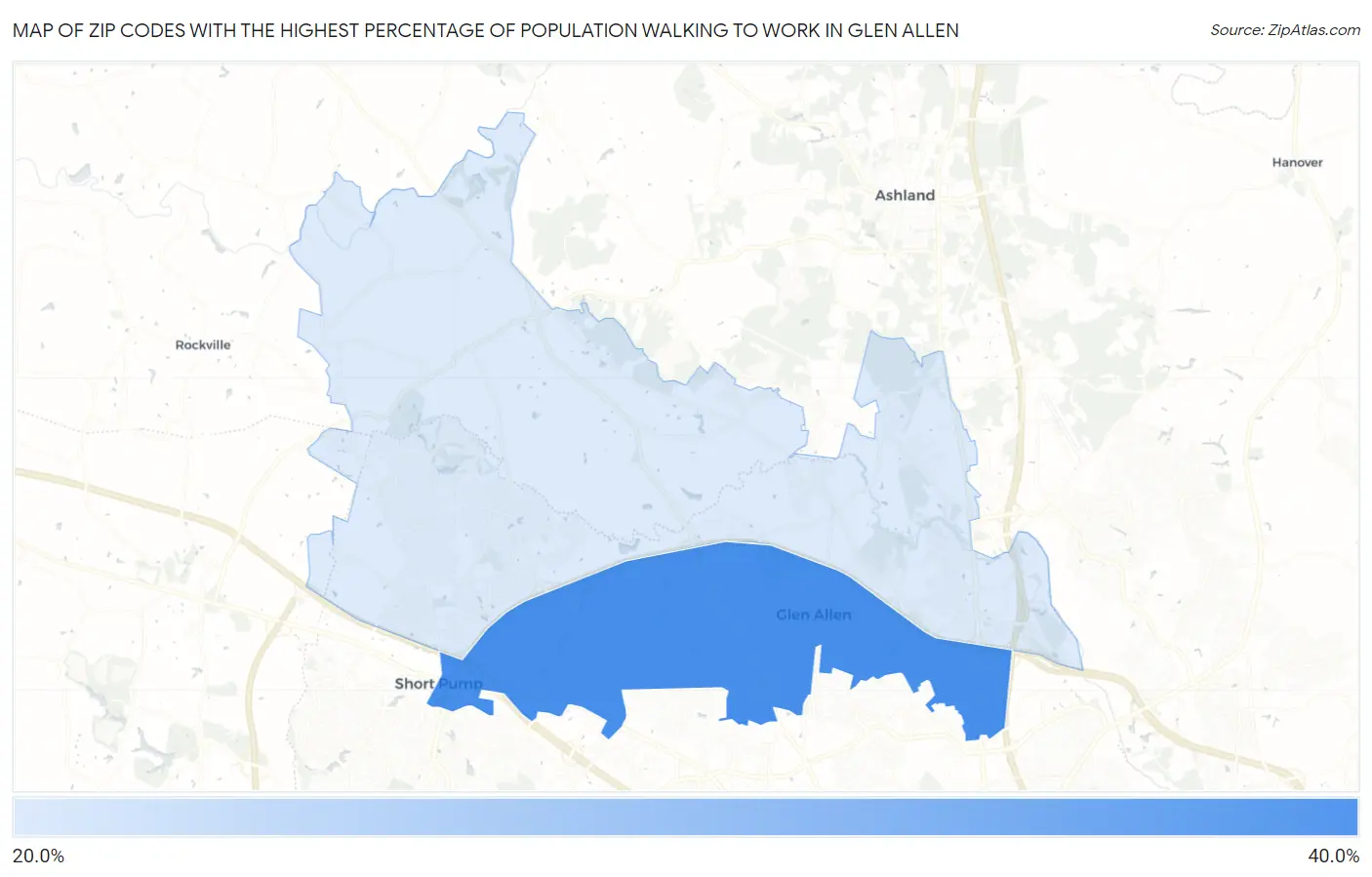 Zip Codes with the Highest Percentage of Population Walking to Work in Glen Allen Map