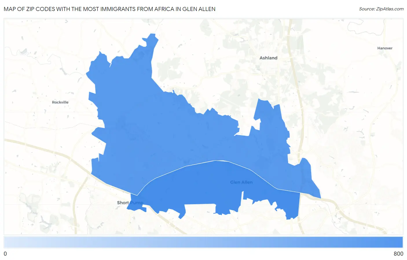 Zip Codes with the Most Immigrants from Africa in Glen Allen Map