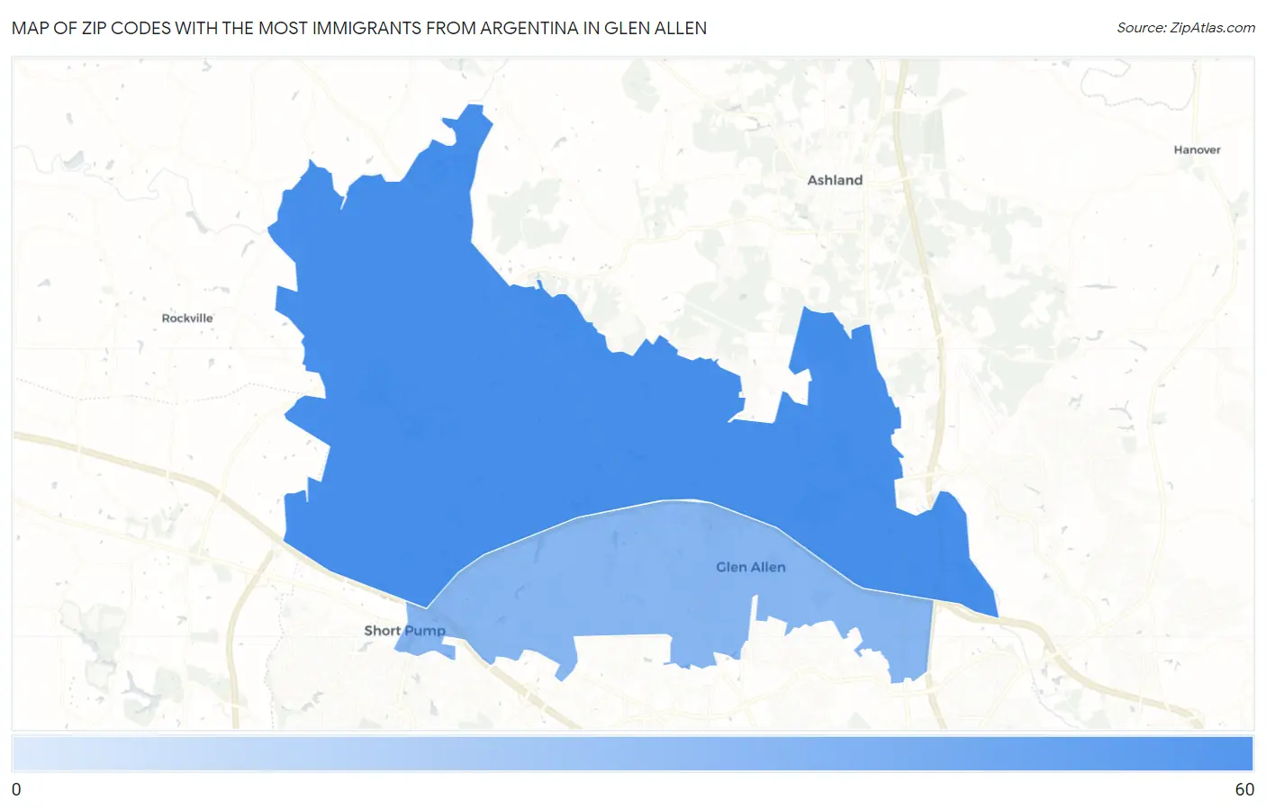 Zip Codes with the Most Immigrants from Argentina in Glen Allen Map