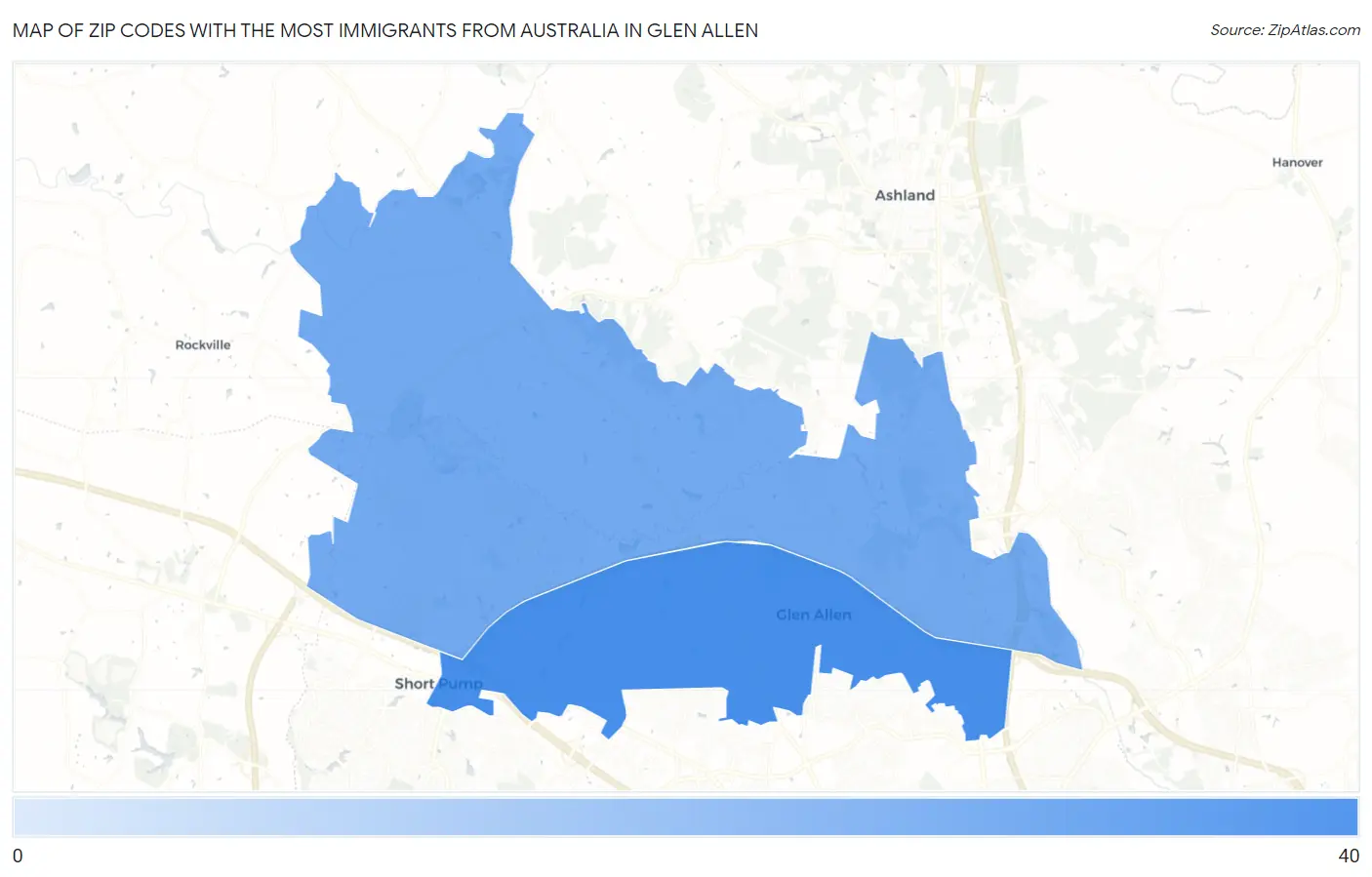 Zip Codes with the Most Immigrants from Australia in Glen Allen Map
