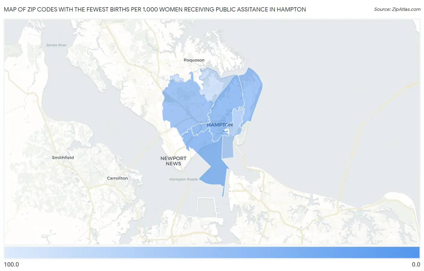 Zip Codes with the Fewest Births per 1,000 Women Receiving Public Assitance in Hampton Map