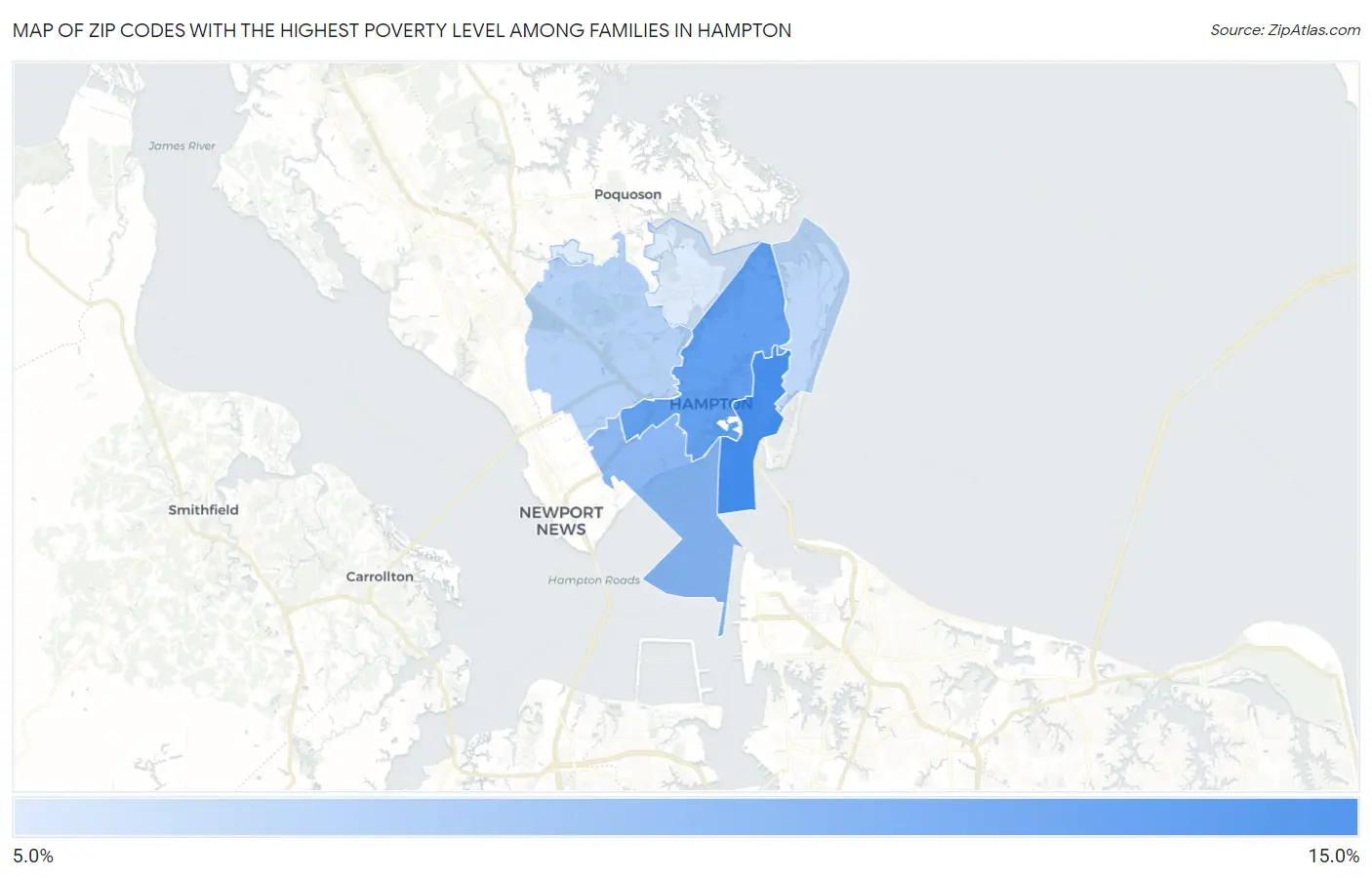 Zip Codes with the Highest Poverty Level Among Families in Hampton Map