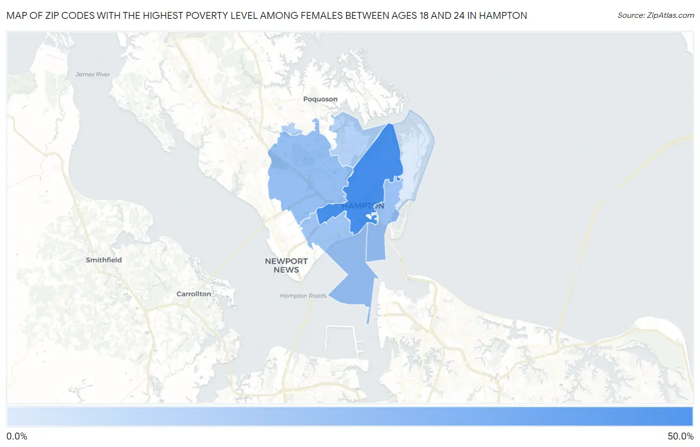 Zip Codes with the Highest Poverty Level Among Females Between Ages 18 and 24 in Hampton Map