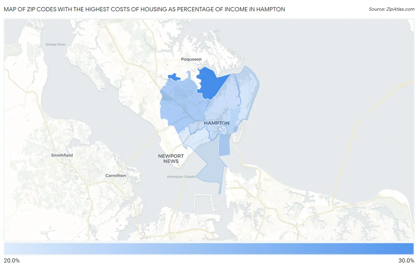 Zip Codes with the Highest Costs of Housing as Percentage of Income in Hampton Map