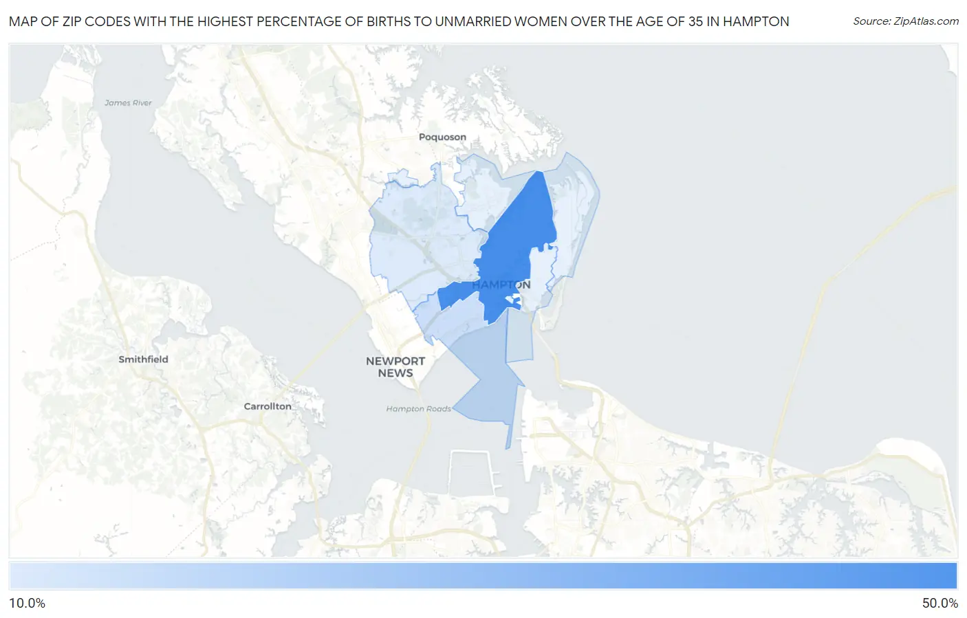 Zip Codes with the Highest Percentage of Births to Unmarried Women over the Age of 35 in Hampton Map