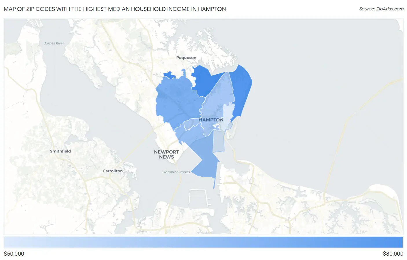 Zip Codes with the Highest Median Household Income in Hampton Map