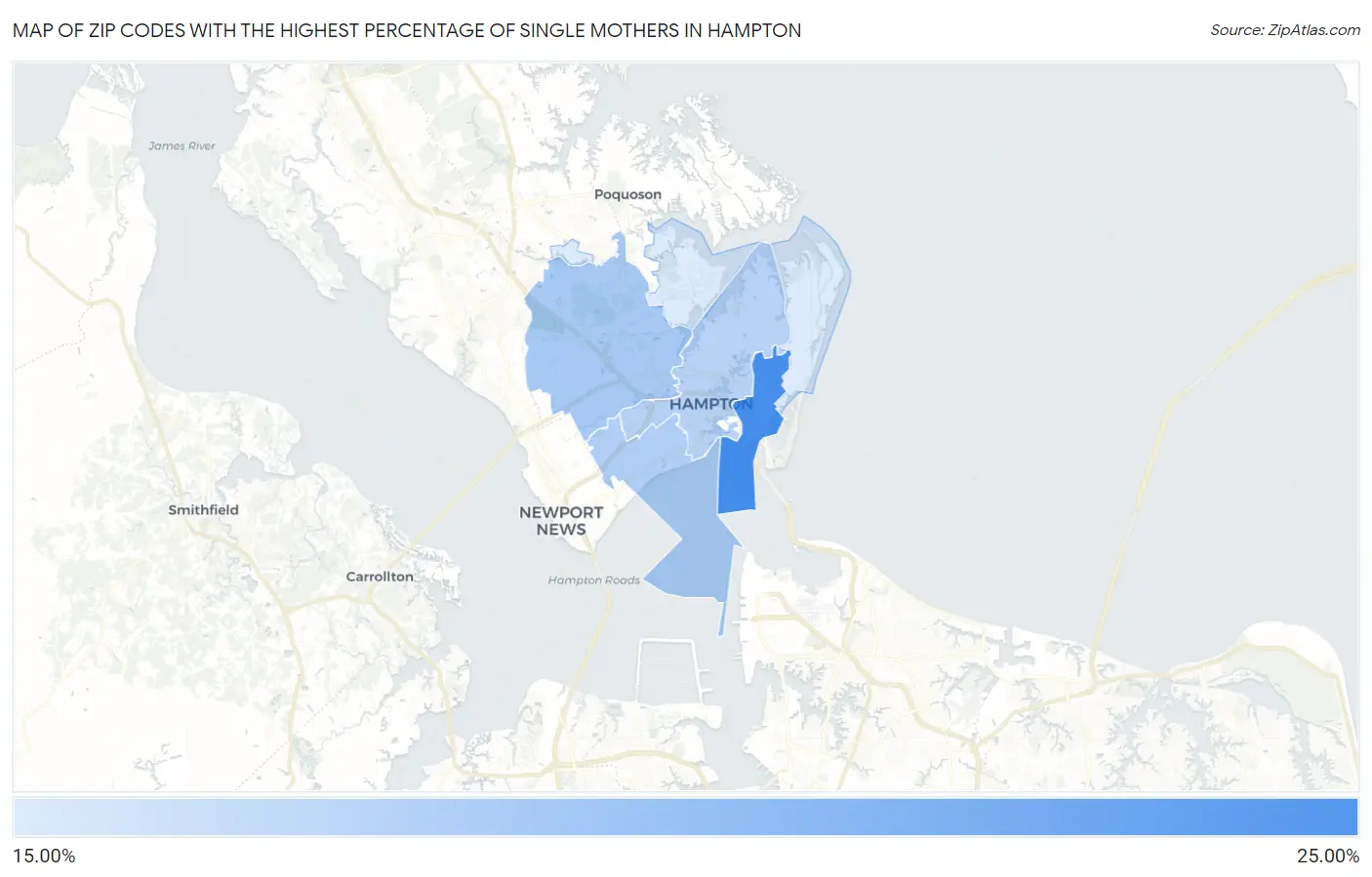 Zip Codes with the Highest Percentage of Single Mothers in Hampton Map