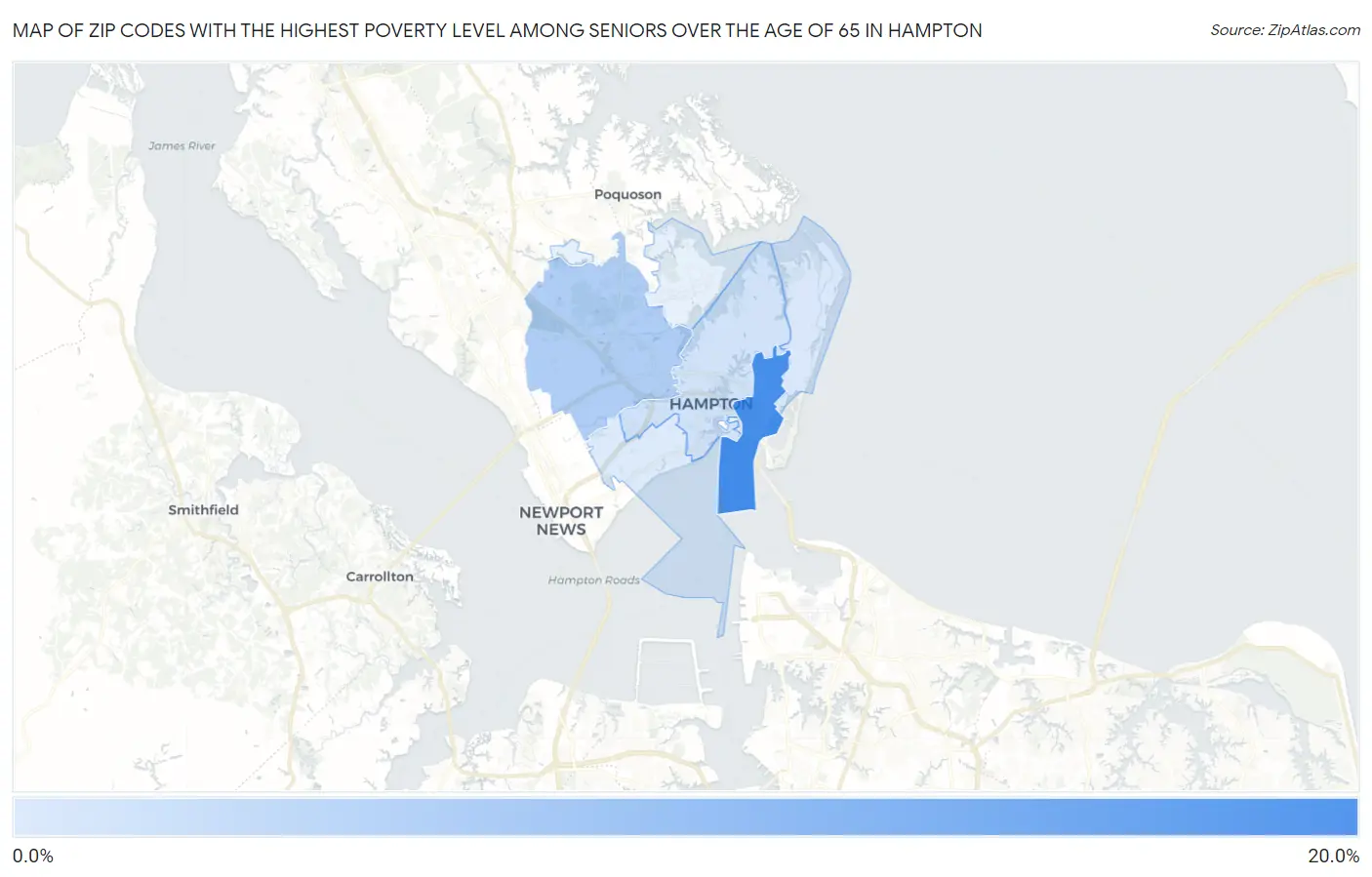 Zip Codes with the Highest Poverty Level Among Seniors Over the Age of 65 in Hampton Map
