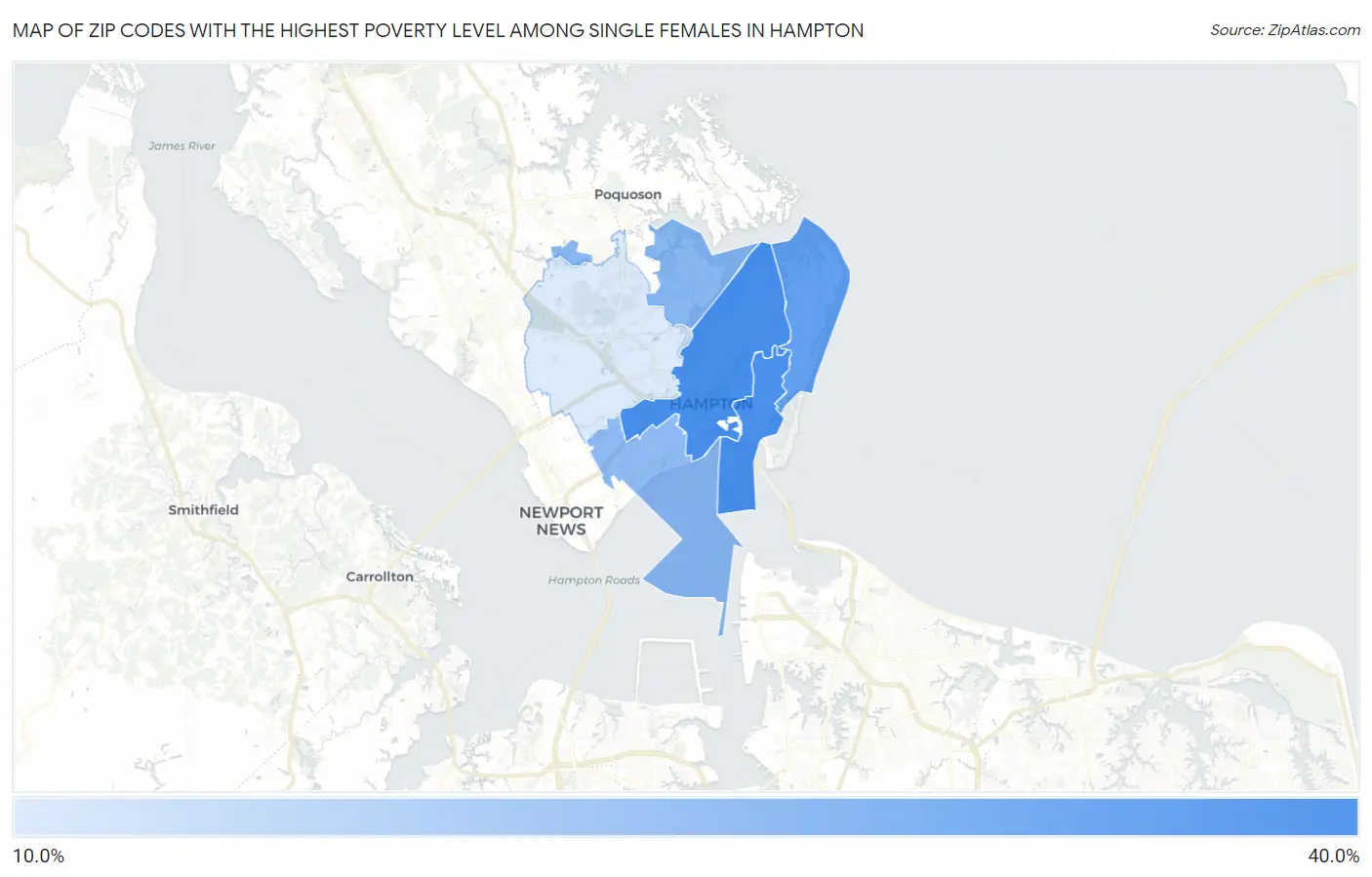 Zip Codes with the Highest Poverty Level Among Single Females in Hampton Map