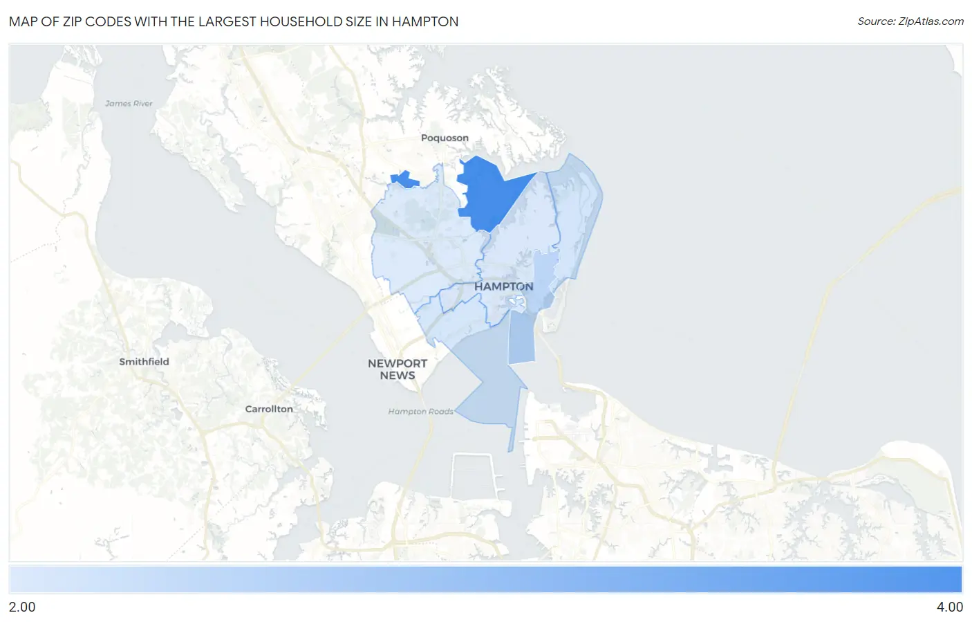 Zip Codes with the Largest Household Size in Hampton Map
