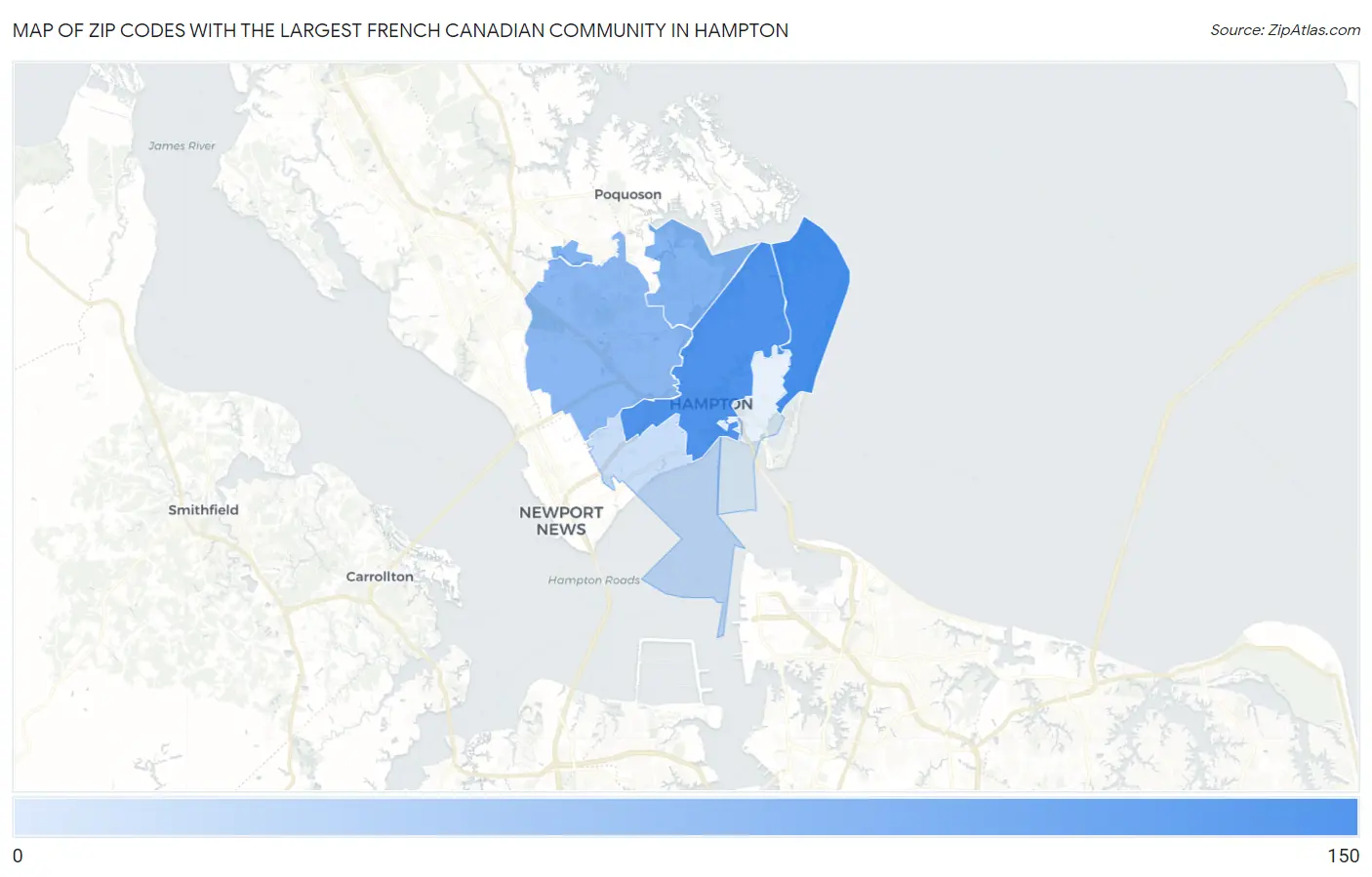 Zip Codes with the Largest French Canadian Community in Hampton Map
