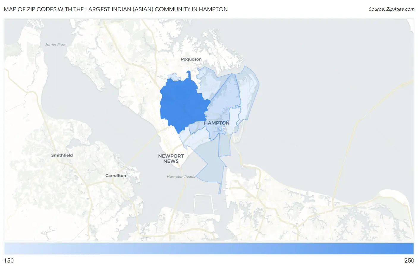 Zip Codes with the Largest Indian (Asian) Community in Hampton Map