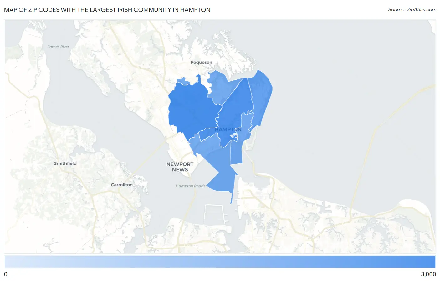 Zip Codes with the Largest Irish Community in Hampton Map