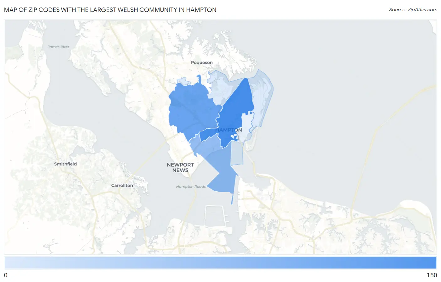 Zip Codes with the Largest Welsh Community in Hampton Map