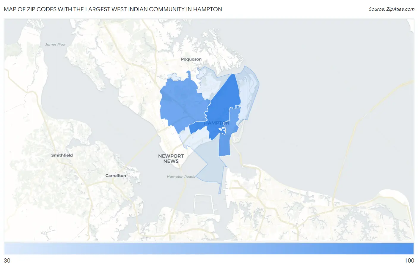 Zip Codes with the Largest West Indian Community in Hampton Map