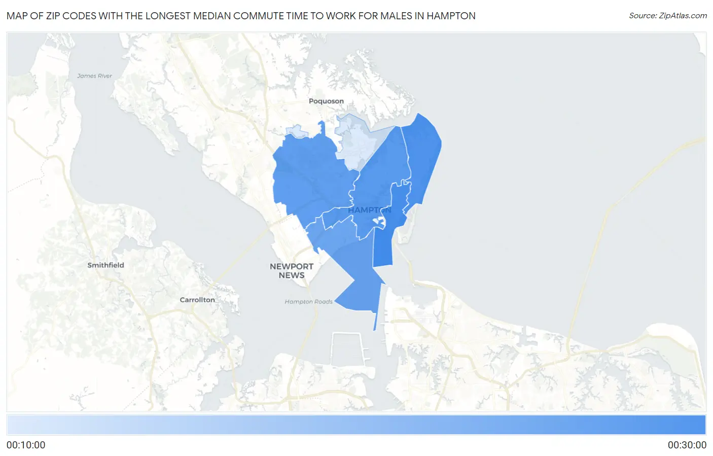 Zip Codes with the Longest Median Commute Time to Work for Males in Hampton Map