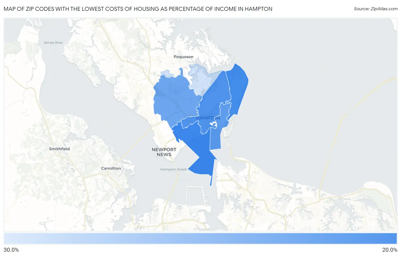 Zip Codes with the Lowest Costs of Housing as Percentage of Income in Hampton Map