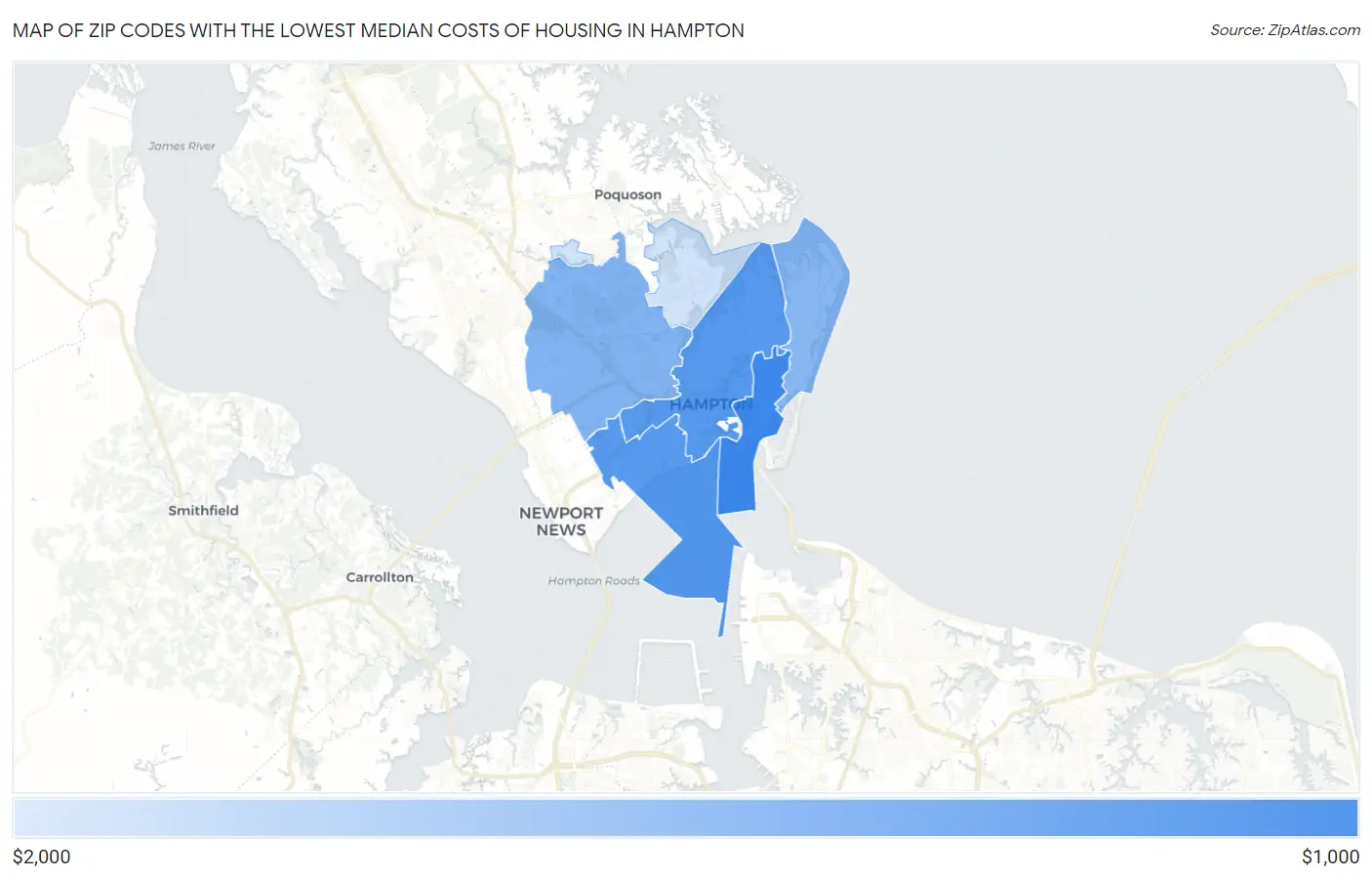 Zip Codes with the Lowest Median Costs of Housing in Hampton Map