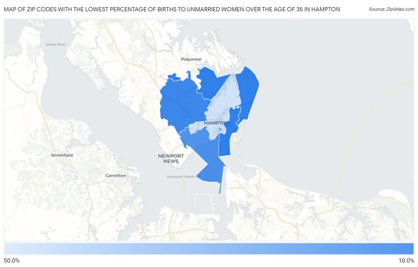 Zip Codes with the Lowest Percentage of Births to Unmarried Women over the Age of 35 in Hampton Map