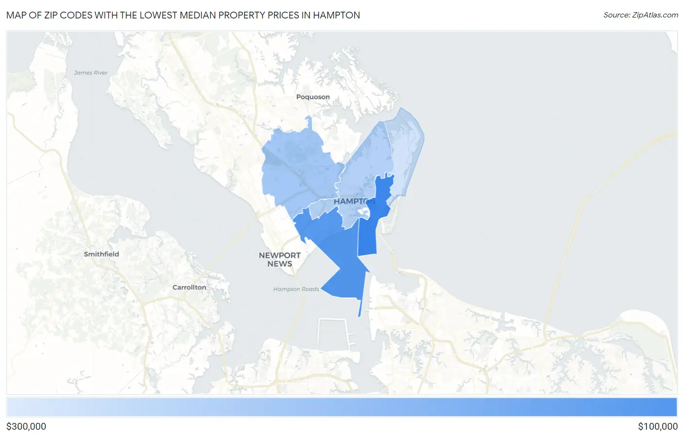 Zip Codes with the Lowest Median Property Prices in Hampton Map