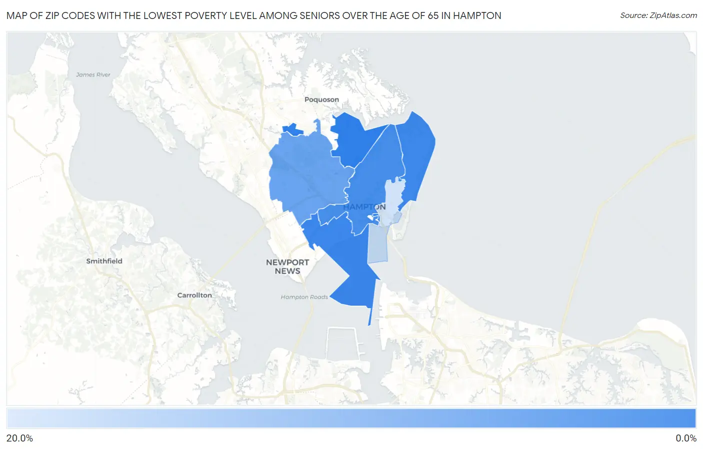 Zip Codes with the Lowest Poverty Level Among Seniors Over the Age of 65 in Hampton Map