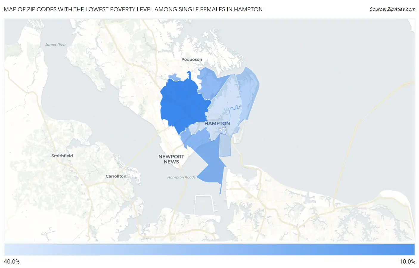 Zip Codes with the Lowest Poverty Level Among Single Females in Hampton Map