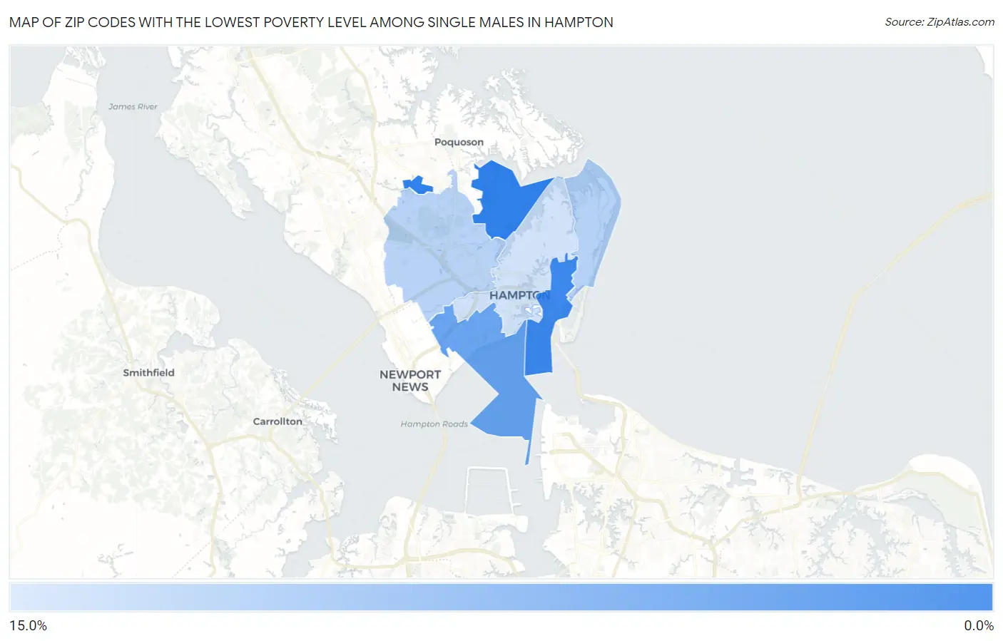 Zip Codes with the Lowest Poverty Level Among Single Males in Hampton Map