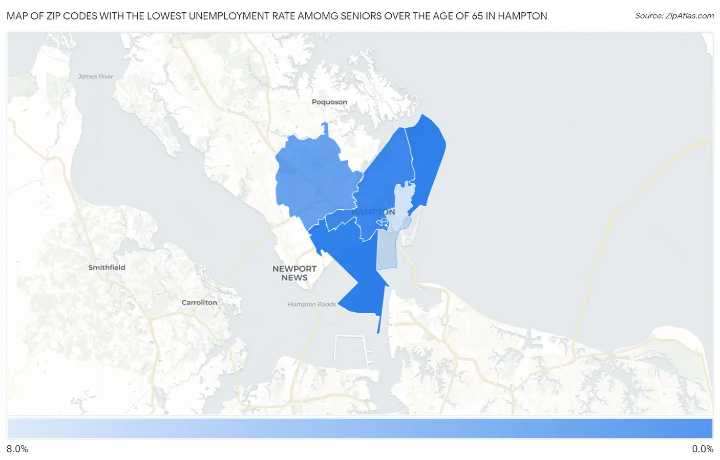 Zip Codes with the Lowest Unemployment Rate Amomg Seniors Over the Age of 65 in Hampton Map