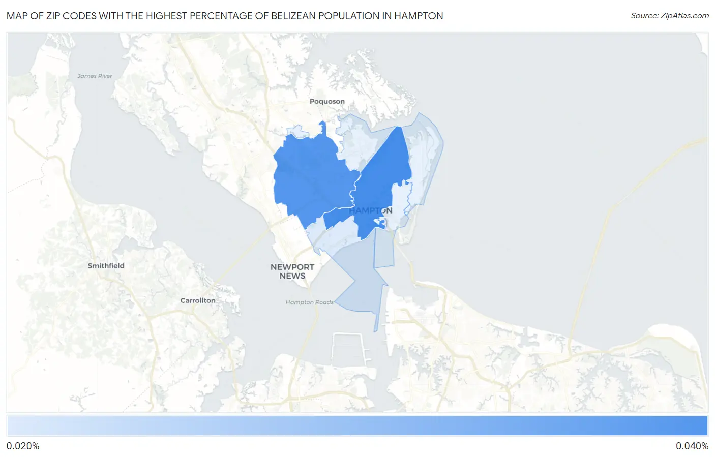 Zip Codes with the Highest Percentage of Belizean Population in Hampton Map