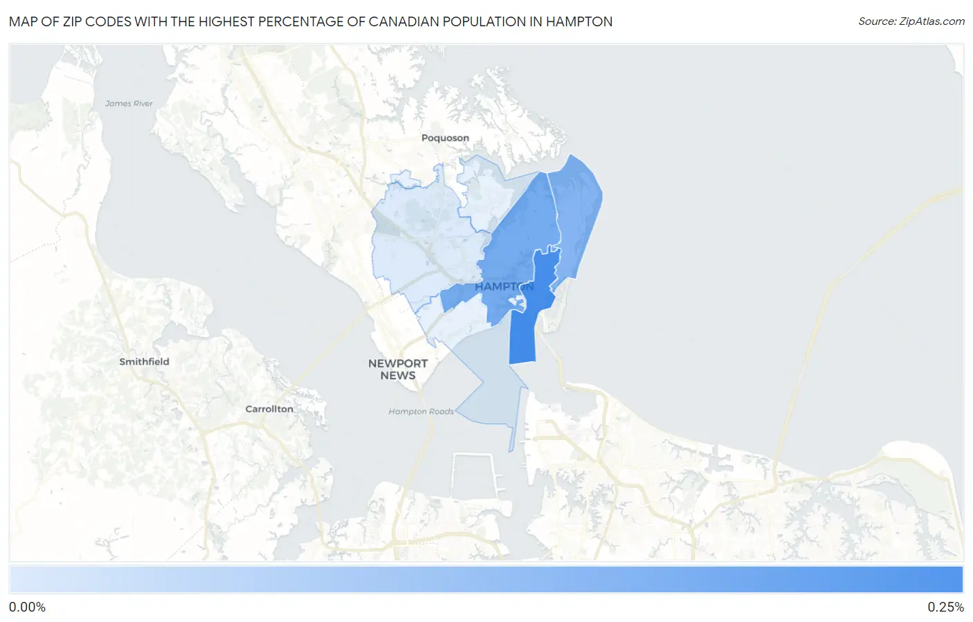 Zip Codes with the Highest Percentage of Canadian Population in Hampton Map
