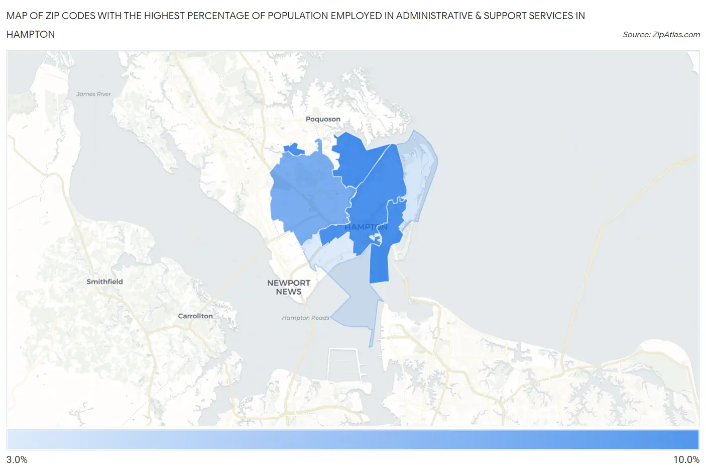 Zip Codes with the Highest Percentage of Population Employed in Administrative & Support Services in Hampton Map