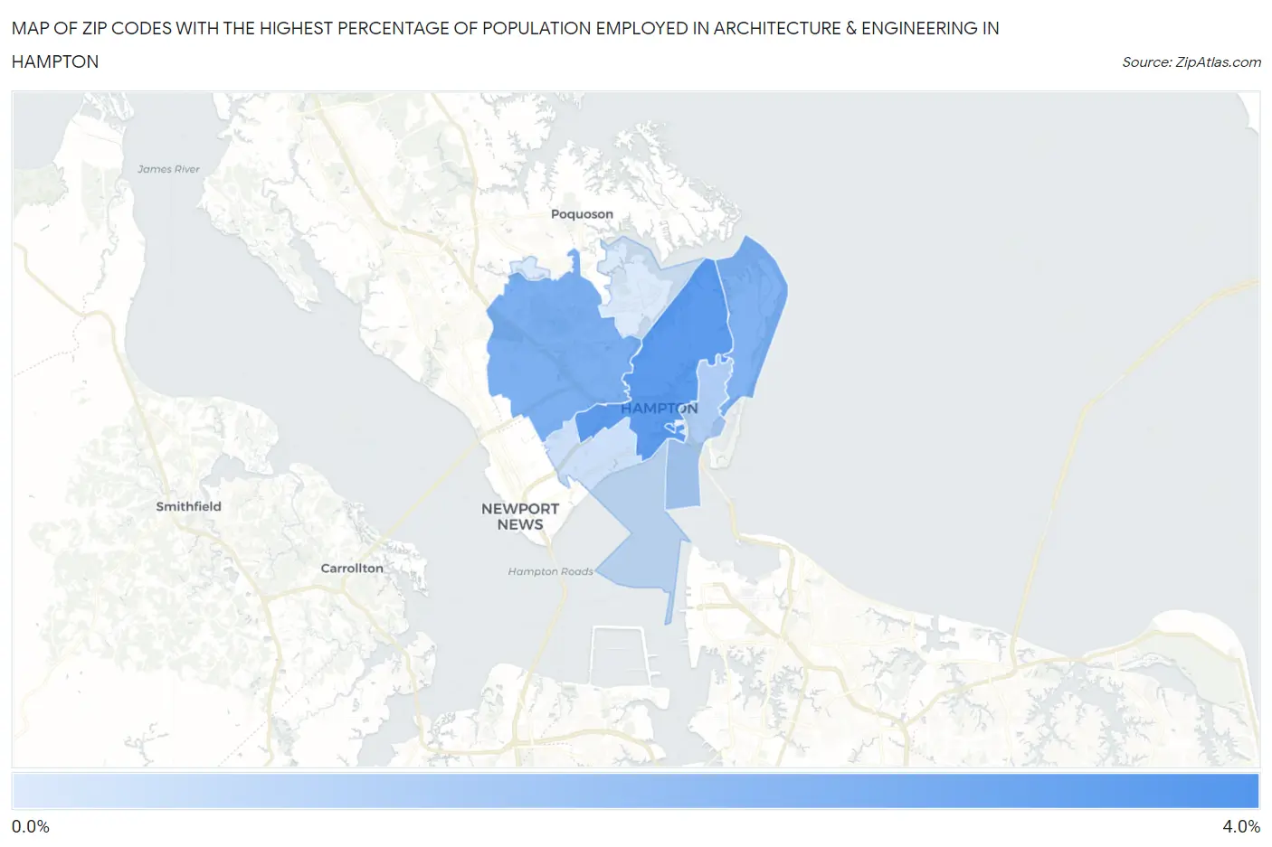 Zip Codes with the Highest Percentage of Population Employed in Architecture & Engineering in Hampton Map