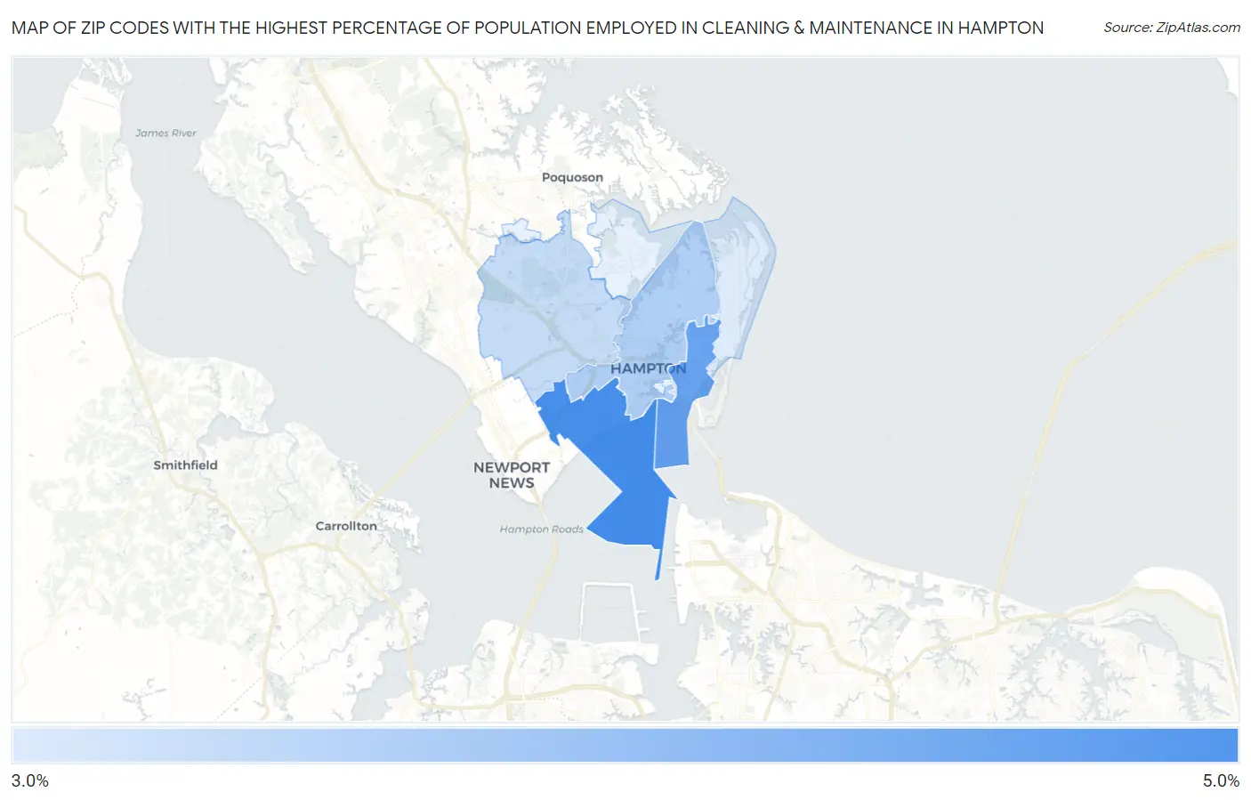 Zip Codes with the Highest Percentage of Population Employed in Cleaning & Maintenance in Hampton Map