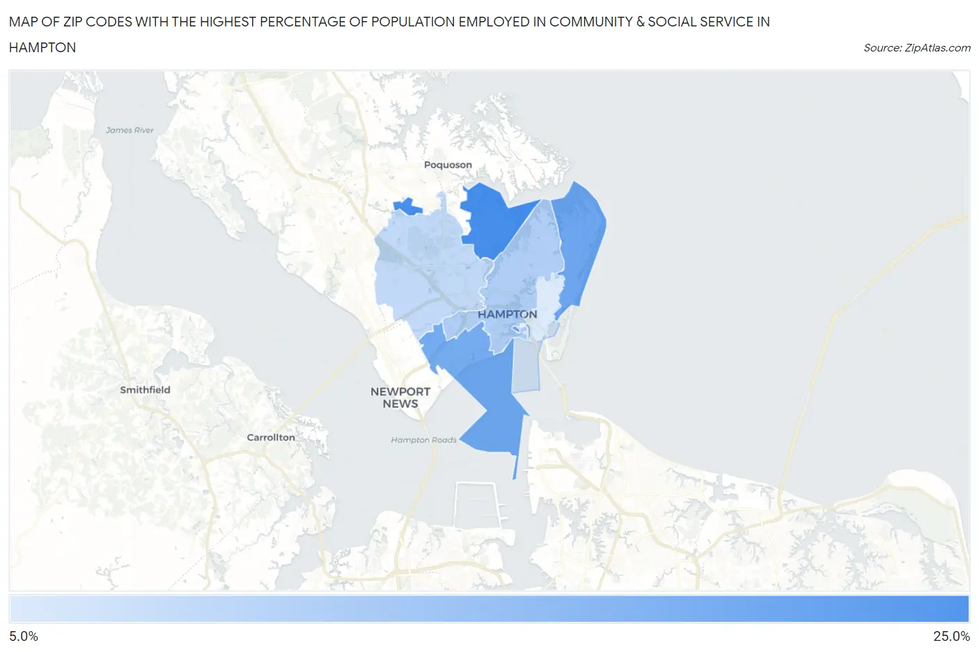 Zip Codes with the Highest Percentage of Population Employed in Community & Social Service  in Hampton Map