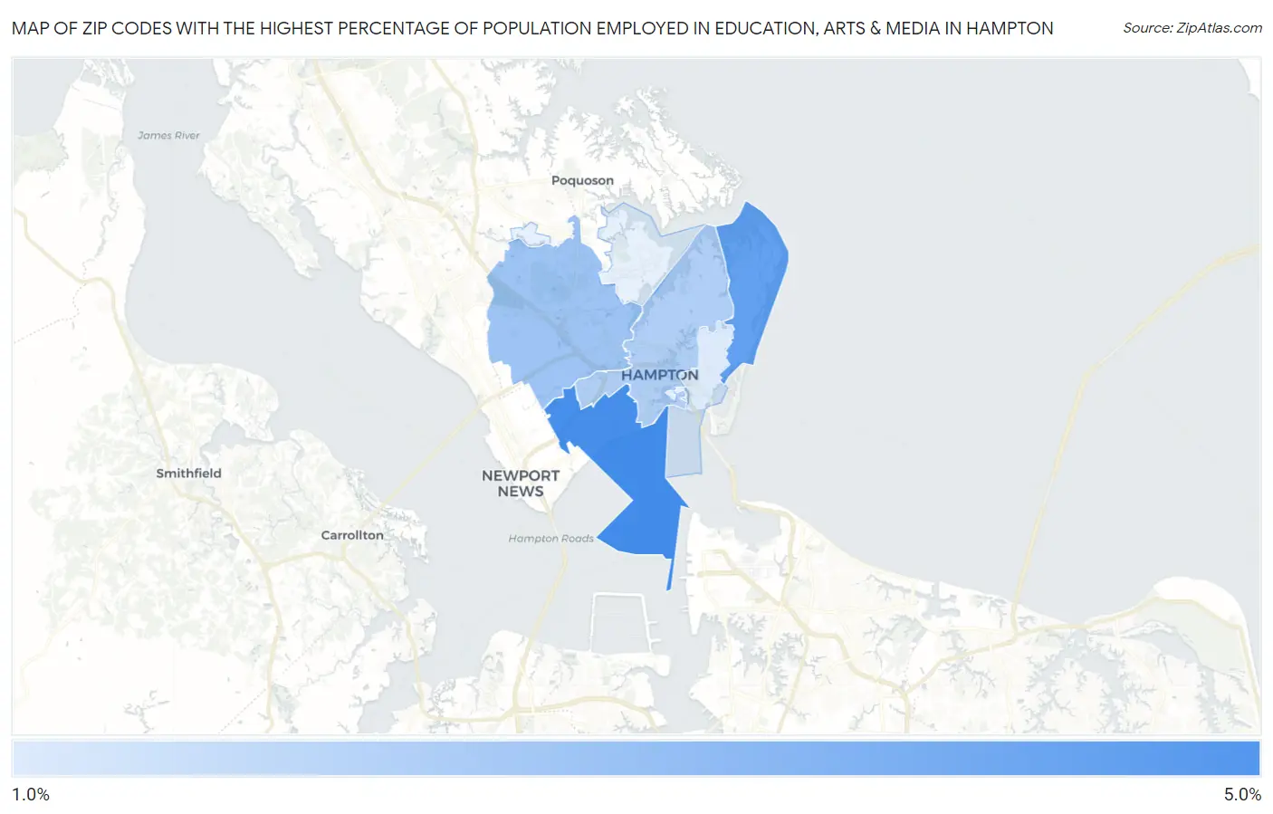 Zip Codes with the Highest Percentage of Population Employed in Education, Arts & Media in Hampton Map