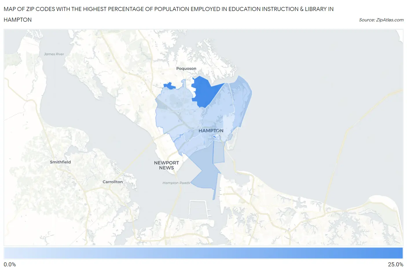 Zip Codes with the Highest Percentage of Population Employed in Education Instruction & Library in Hampton Map