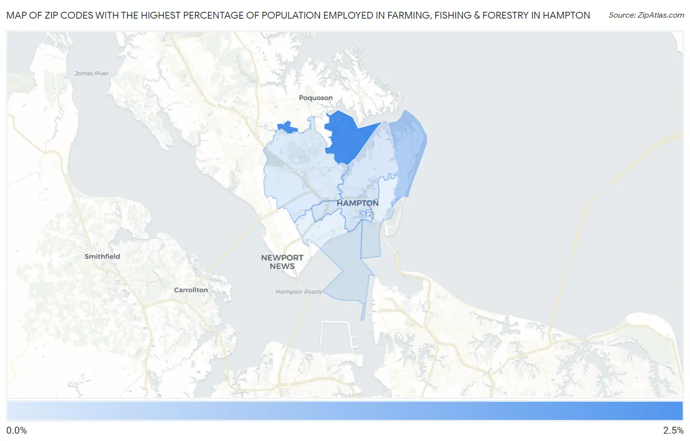 Zip Codes with the Highest Percentage of Population Employed in Farming, Fishing & Forestry in Hampton Map