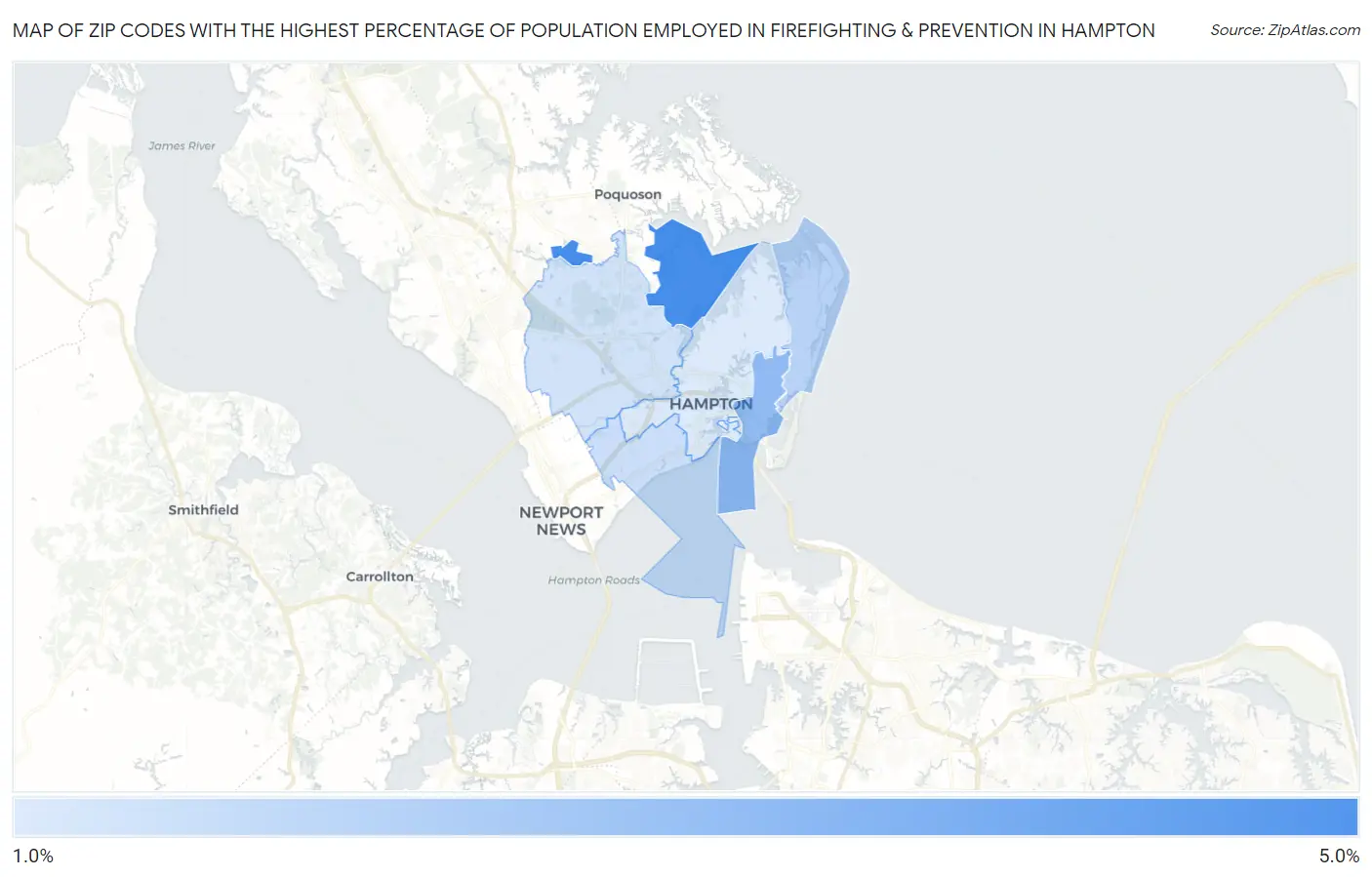 Zip Codes with the Highest Percentage of Population Employed in Firefighting & Prevention in Hampton Map