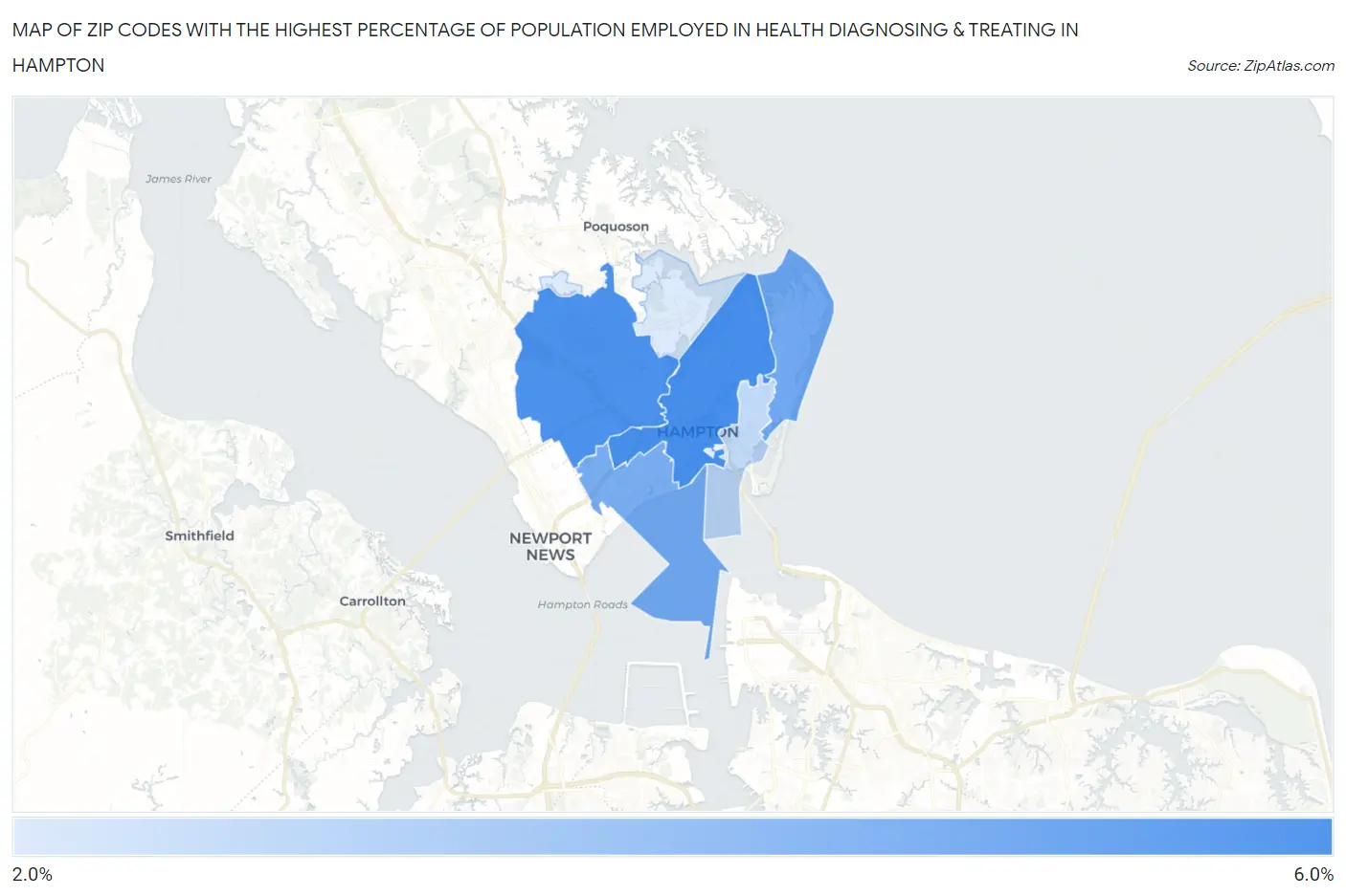 Zip Codes with the Highest Percentage of Population Employed in Health Diagnosing & Treating in Hampton Map
