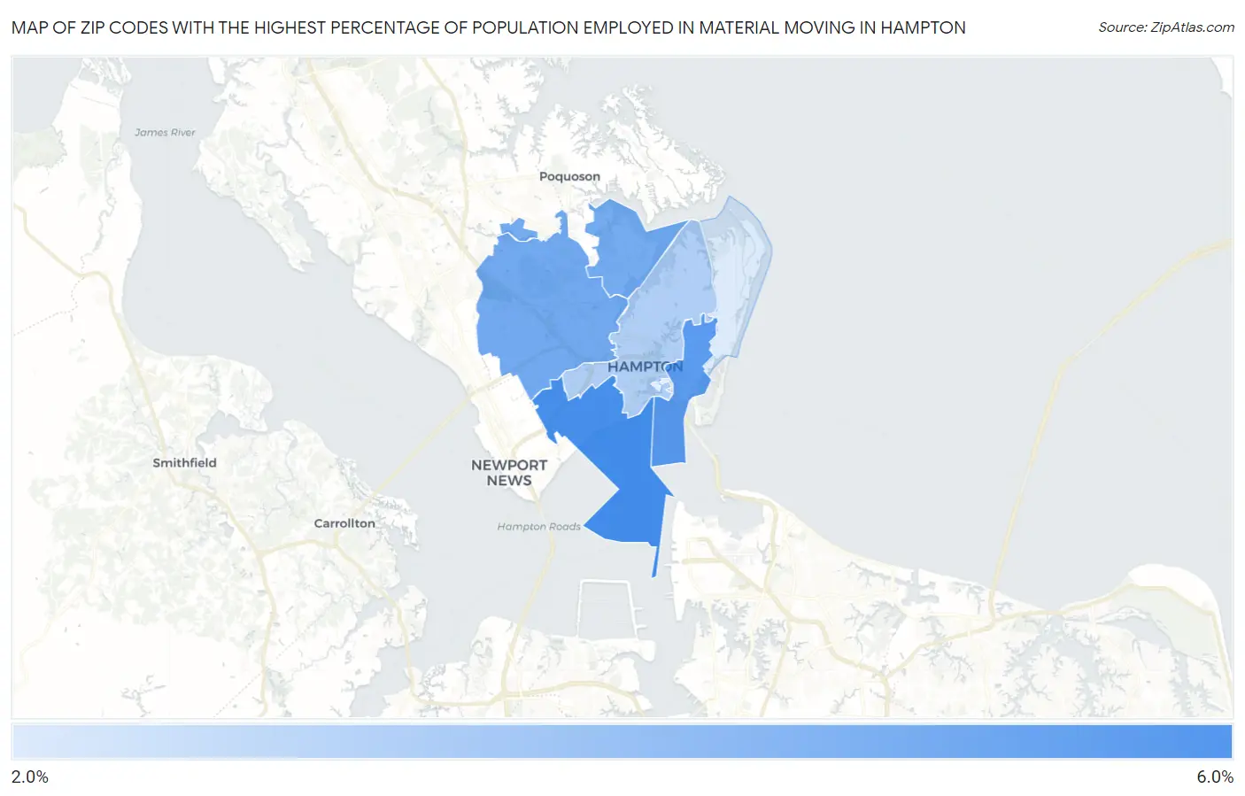 Zip Codes with the Highest Percentage of Population Employed in Material Moving in Hampton Map