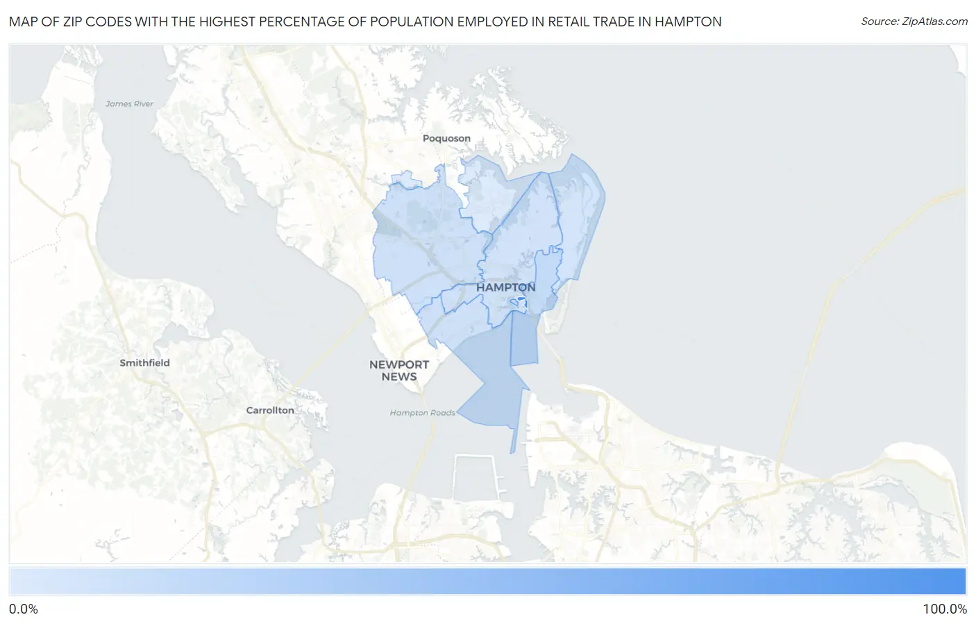 Zip Codes with the Highest Percentage of Population Employed in Retail Trade in Hampton Map