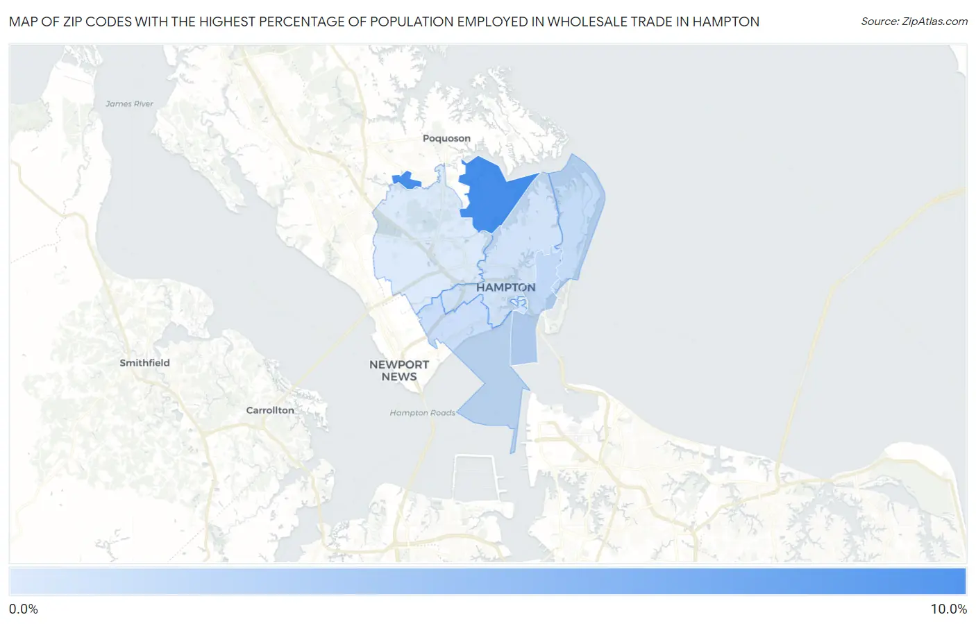Zip Codes with the Highest Percentage of Population Employed in Wholesale Trade in Hampton Map