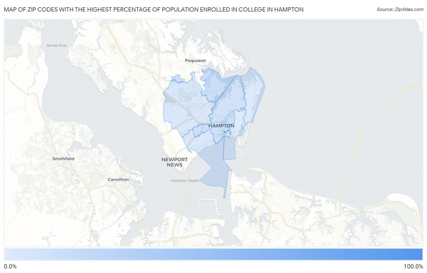 Zip Codes with the Highest Percentage of Population Enrolled in College in Hampton Map