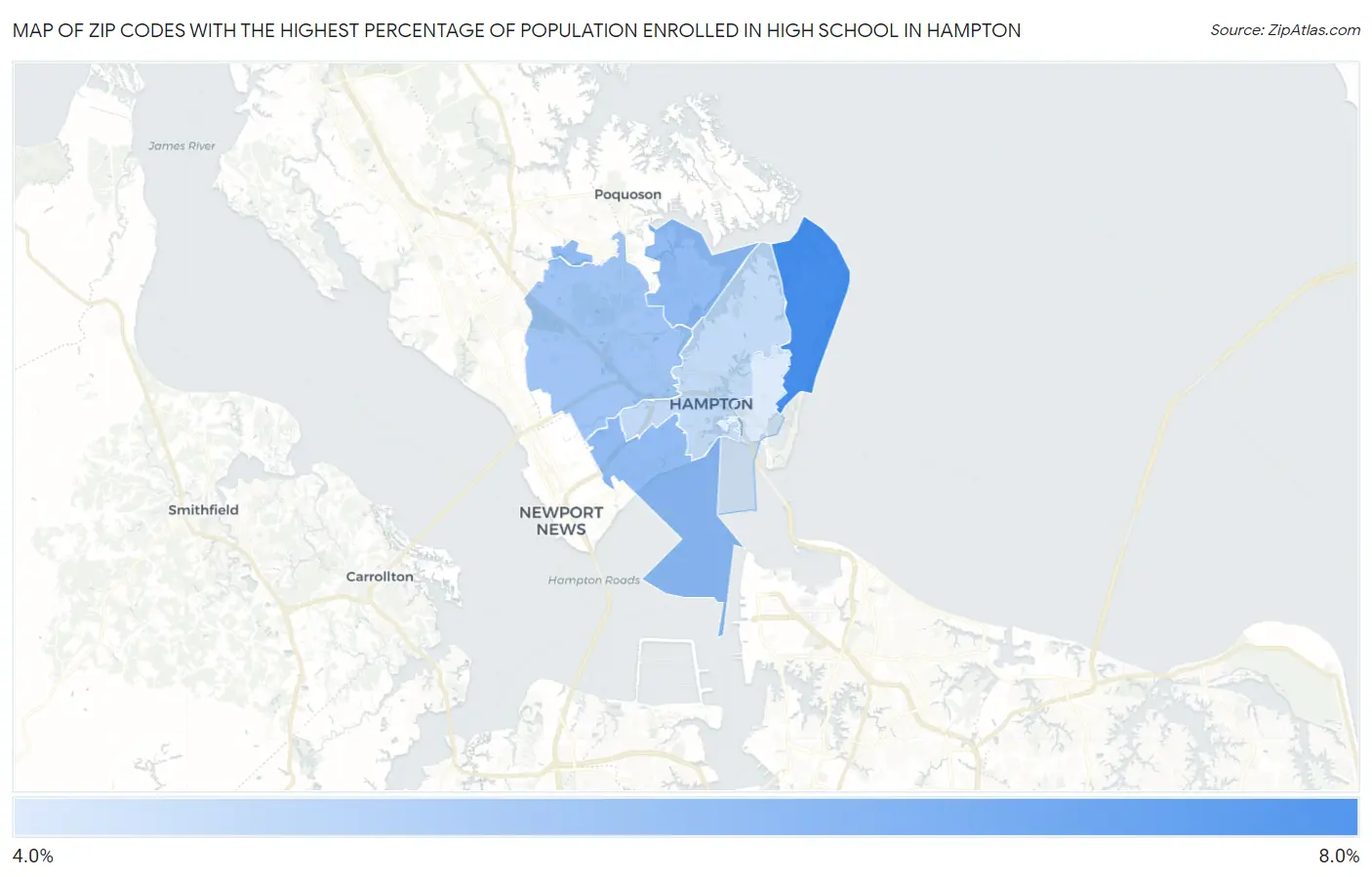 Zip Codes with the Highest Percentage of Population Enrolled in High School in Hampton Map