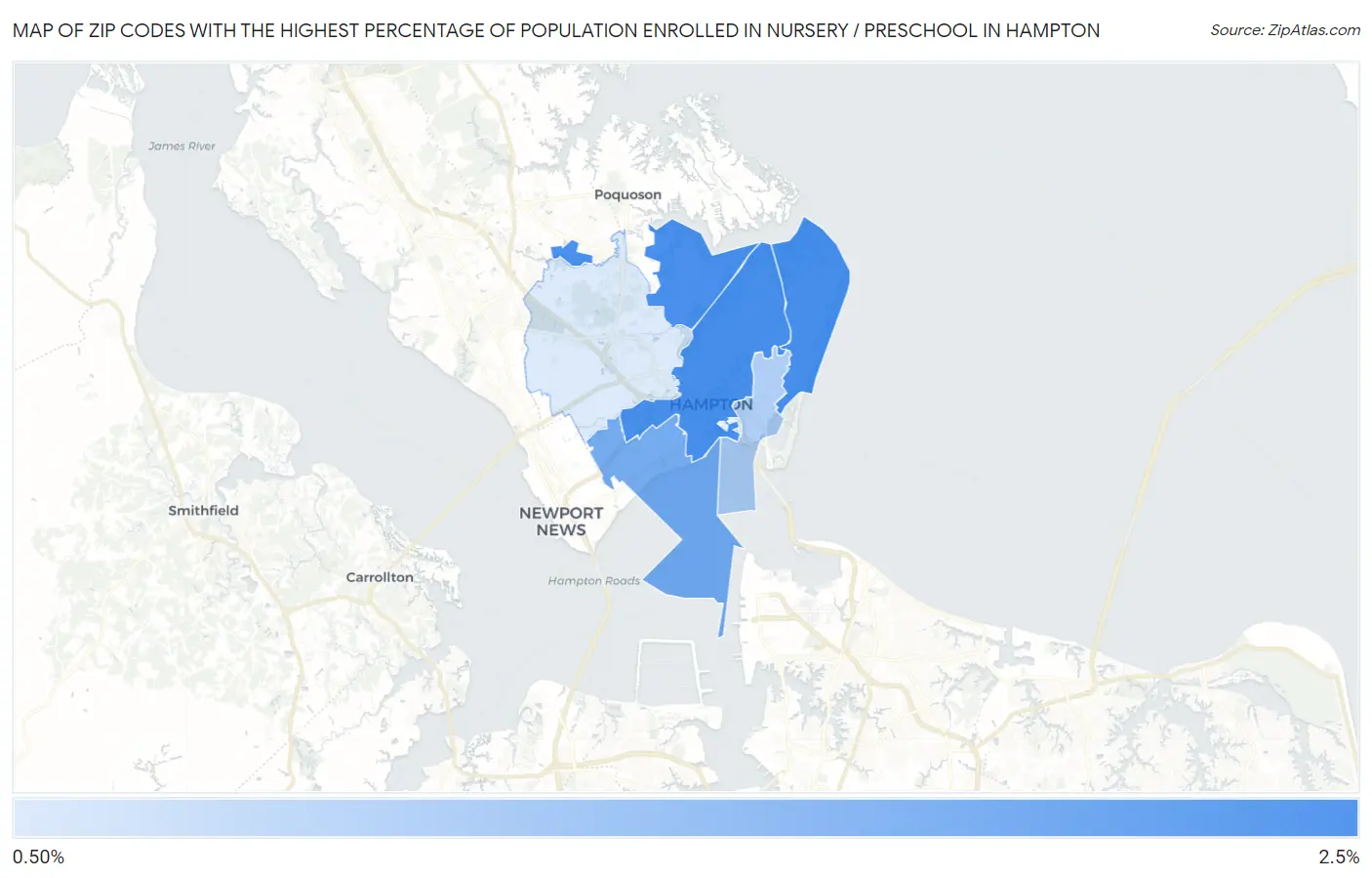 Zip Codes with the Highest Percentage of Population Enrolled in Nursery / Preschool in Hampton Map